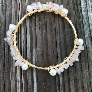 Fresh water pearl/pink quartz wrapped bangle